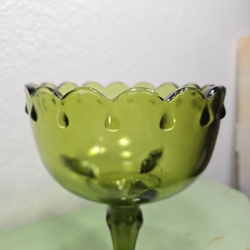 Indiana Glass Olive Green Teardrop Pedestal Compote Fruit Bowl Goblet Vintage - Picture 3 of 6